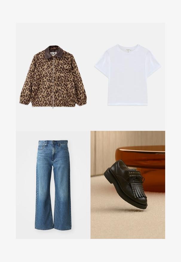 Chaqueta de estampado de leopardo con un cuello de cuero marrón, cierre frontal con cremallera, puños elásticos y un bolsillo en el pecho. Tejido texturizado con un aspecto suave.; Camiseta blanca corta hecha de algodón suave, con un cuello redondo y mangas cortas, y un corte ligeramente holgado. Sin patrones ni acentos.; Jeans de mezclilla azul de pierna ancha con una cinturilla de altura media, cinco bolsillos y un ligero desvanecimiento. Las características incluyen presillas para el cinturón y detalles de costura.; Zapato negro de cuero con cordones, flecos decorativos y tachuelas de metal colocado en una alfombra beige cerca de un mueble marrón.