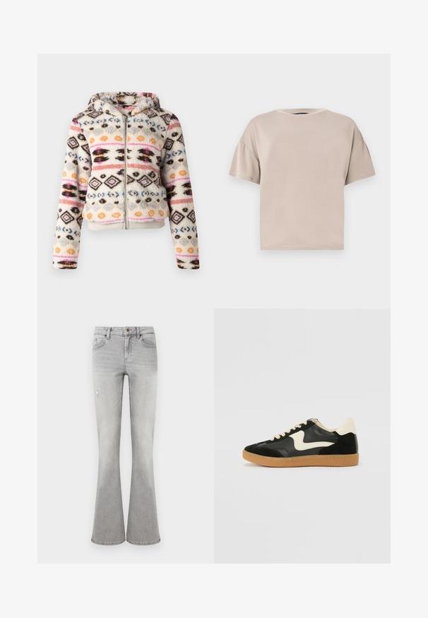 Sweat à capuche en polaire avec fermeture éclair, affichant un motif géométrique coloré en crème, noir, rose, bleu et orange. Comprend une capuche doublée et des poignets côtelés.; T-shirt beige en coton, à manches courtes, oversize, avec col rond et ourlet droit, sur un fond clair uni.; Jean flare taille haute pour femmes en gris clair avec poches avant, fermeture par bouton et un petit détail usé sur la cuisse gauche.; Baskets en daim et cuir noir avec un swoosh latéral crème et un talon crème clair. Dotées de lacets beige et d'une semelle en caoutchouc gomme.
