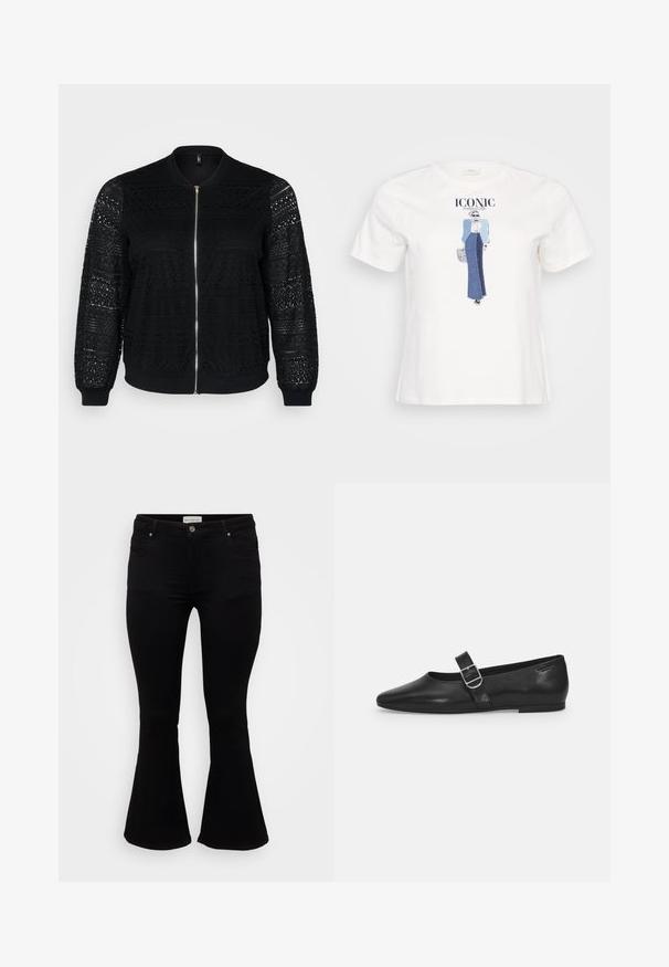 Veste bomber noire avec des détails en dentelle, fermeture éclair, poignets et ourlet côtelés, présentant des motifs intriqués sur les manches et le panneau avant.; T-shirt en coton blanc avec une illustration graphique d'une femme portant une veste bleue et une jupe en denim, avec le texte "ICONIQUE" imprimé au-dessus.; Jeans évasés noirs en denim doux, avec une taille cintrée, des poches avant et un ourlet évasé pour un ajustement décontracté.; Chaussure plate en cuir noir avec un bout arrondi, une seule sangle réglable à boucle et une texture lisse et brillante. Design minimaliste avec un petit talon.