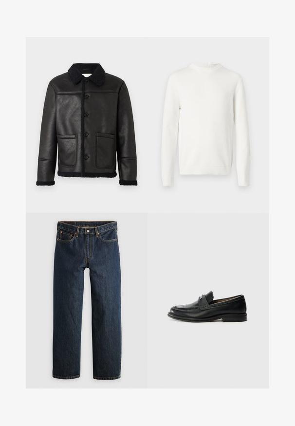 Veste en cuir noir avec un col, quatre boutons sur le devant, deux poches et une bordure en shearling texturé le long des poignets et de l'ourlet.; Pull en maille blanc à manches longues, avec col rond côtelé, poignets et ourlet, présenté à plat sur un fond blanc.; Jean en denim bleu foncé avec une coupe droite. Comprend cinq poches, des surpiqûres contrastantes et une fermeture à bouton à la taille.; Mocassins en cuir noir avec une finition lisse, dotés d'une bande supérieure texturée, d'un talon bas et de détails de couture minimalistes.