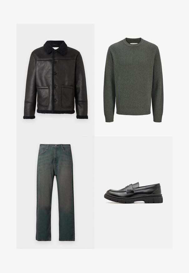Veste en cuir noir avec un col, quatre boutons sur le devant, deux poches et une bordure en shearling texturé le long des poignets et de l'ourlet.; Pull à manches longues col rond en maille grise texturée avec poignets et ourlet côtelés, présenté sur un fond clair uni.; Jean en denim vert foncé avec une coupe droite, doté d'un design classique à cinq poches et de coutures contrastantes le long des coutures.; Mocassin en cuir noir avec une large sangle sur le devant, semelle en caoutchouc à épaisse rainure, et texture lisse. Design classique et élégant.