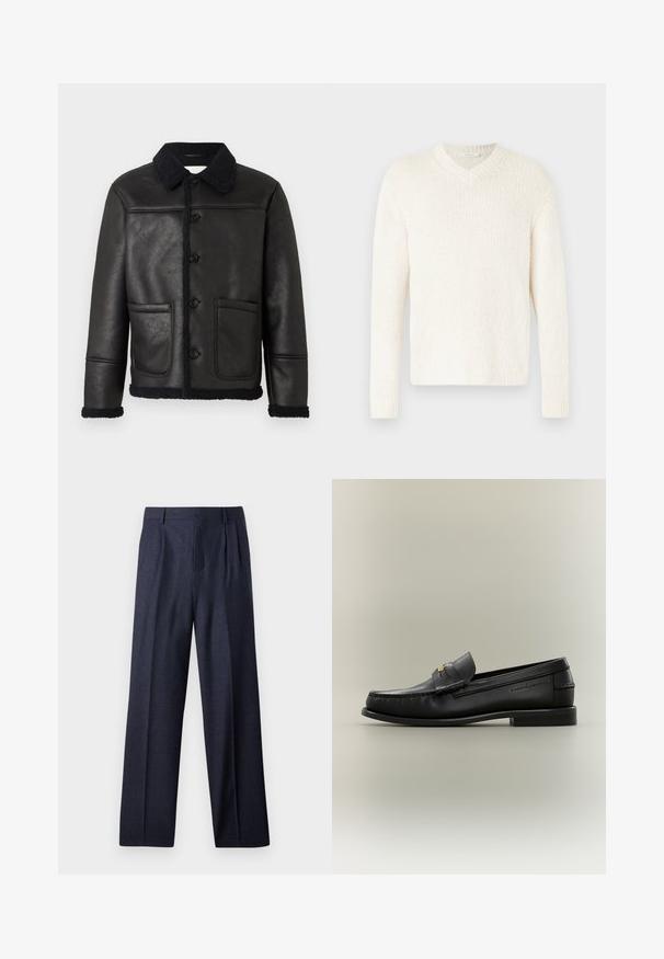 Veste en cuir noir avec un col, quatre boutons sur le devant, deux poches et une bordure en shearling texturé le long des poignets et de l'ourlet.; Pull-over en V en blanc cassé, tricot texturé. Manches longues, coupe décontractée, et poignets et ourlet côtelés. Design simple sans embellissements supplémentaires.; Pantalons en laine bleu marine avec une coupe ajustée, présentant un devant plissé et des jambes larges. Texture lisse et lignes épurées, adaptés aux occasions formelles.; Mocassin noir en cuir à enfiler avec petit talon, boucle dorée et nom de marque embossé sur le côté sur fond neutre.