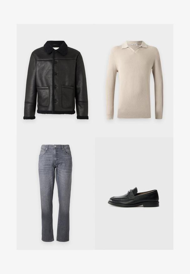 Veste en cuir noir avec un col, quatre boutons sur le devant, deux poches et une bordure en shearling texturé le long des poignets et de l'ourlet.; Polo beige à manches longues avec un col en V et texture côtelée. Tissu doux avec un col classique et une coupe ajustée.; Jean en denim gris foncé avec une coupe droite, cinq poches et une fermeture à bouton. Présente un léger délavage et une texture lisse.; Mocassins en cuir noir avec une finition lisse, dotés d'une bande supérieure texturée, d'un talon bas et de détails de couture minimalistes.