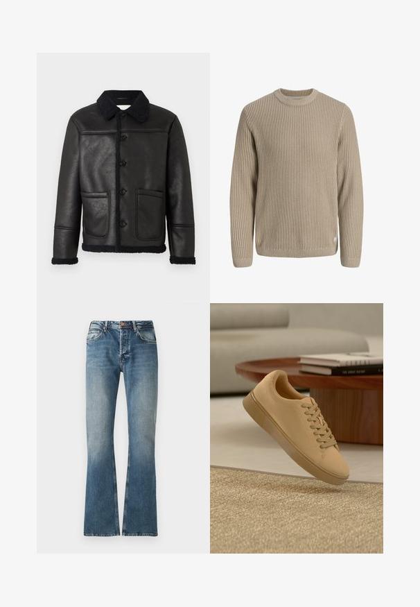 Veste en cuir noir avec un col, quatre boutons sur le devant, deux poches et une bordure en shearling texturé le long des poignets et de l'ourlet.; Pull en maille côtelée beige avec manches longues et col rond, présenté sur un fond clair.; Jeans en denim bleu avec un effet délavé, coupe droite, fermeture à bouton et fermeture éclair, et design à cinq poches.; Baskets beiges à lacets flottant au-dessus d'un tapis texturé avec une table basse en bois et des livres empilés en arrière-plan flou.