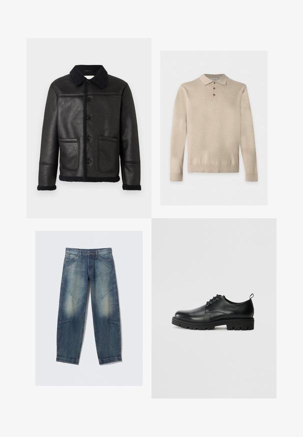 Veste en cuir noir avec un col, quatre boutons sur le devant, deux poches et une bordure en shearling texturé le long des poignets et de l'ourlet.; Polo en maille beige à manches longues avec trois boutons et poignets et ourlet côtelés, posé à plat sur un fond blanc.; Jean en denim bleu clair avec une coupe ample, présentant des taches délavées, des poches frontales et des accents de coutures diagonales. Coupe droite.; Chaussure en cuir noir à bout arrondi, présentant un design à lacets, une semelle en caoutchouc noire robuste et un petit onglet de talon à l'arrière.