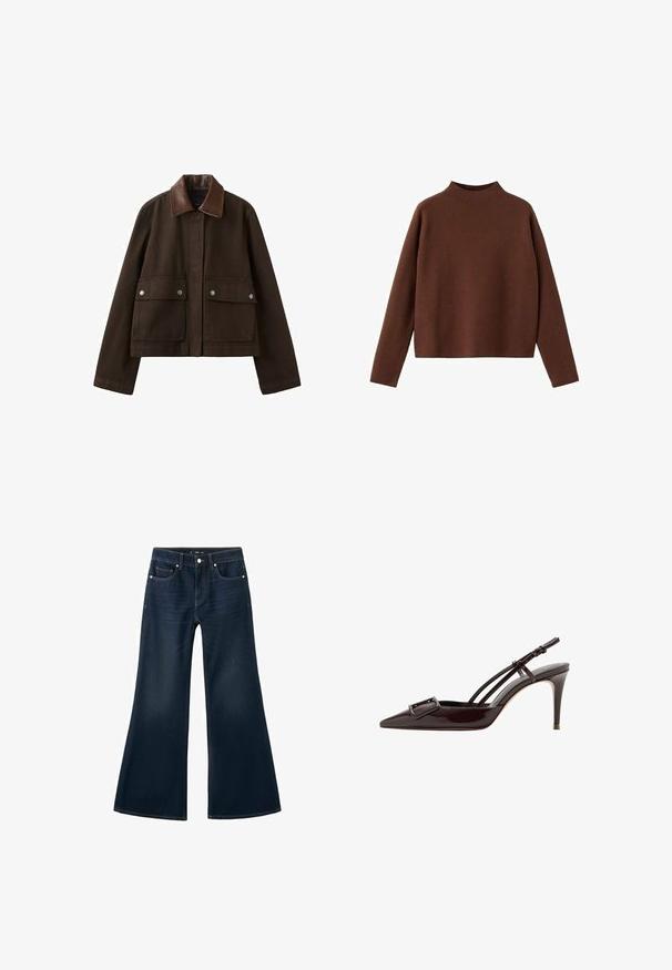 Veste marron foncé avec un col en cuir, une fermeture éclair frontale recouverte par un rabat, et deux grandes poches avant avec boutons-pression.; Pull en laine marron à manches longues avec un col montant. Fabriqué en tissu doux et texturé. Présente une coupe décontractée et ample avec un design minimaliste.; Jean évasé en denim bleu foncé avec une taille haute, un design à cinq poches et des surpiqûres contrastées. Texture lisse avec une ouverture large au niveau des jambes.; Escarpins slingback noirs en cuir verni à bout pointu avec une boucle décorative et des fines brides de cheville.