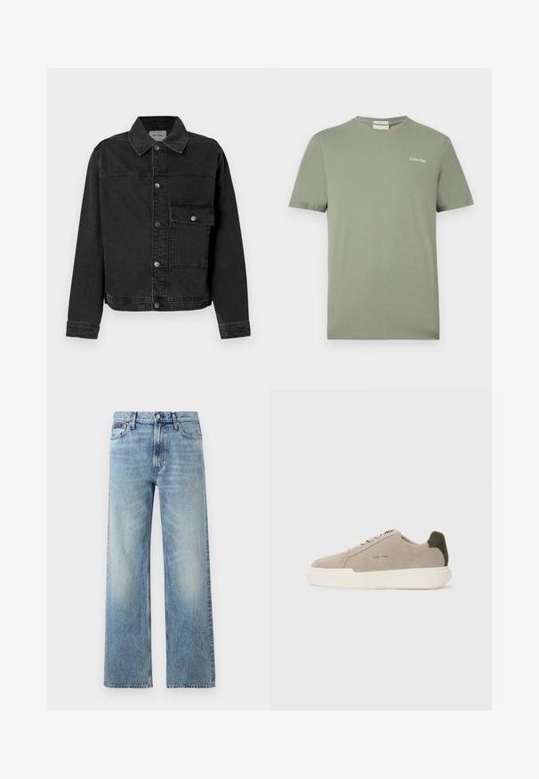 Veste en denim noir avec un bouton frontal, une poche poitrine et un col classique. Présente des coutures visibles et un tissu texturé.; T-shirt Calvin Klein vert olive à manches courtes, col rond, avec petit logo sur le côté gauche de la poitrine.; Jean droit en denim bleu clair avec taille haute, cinq poches, fermeture à boutons et léger délavage sur les cuisses et les genoux.; Baskets en suède beige avec une semelle en caoutchouc blanche, présentant un accent de talon vert foncé et une branding subtile sur le côté.