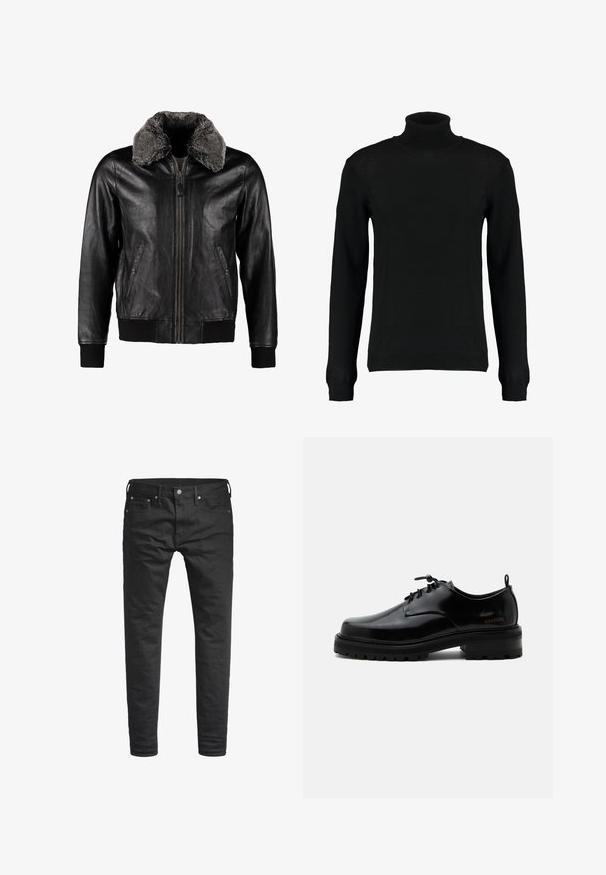 Schott Kožená bunda - black; Čierny rolák vyrobený z hladkej pleteniny, s dlhými rukávmi a priliehavým strihom. Rybovaná manžeta a lem.; Čierne slim-fit džínsy s prednými vreckami, pútkami na opasok a zapínaním na gombík, vystavené na bielom pozadí.; Čierna leštená kožená šnurovacia obuv s hrubou gumovou podrážkou a nízkym podpätkom, bočný nápis značky "SAMSOE" a zadné ťahadlo.