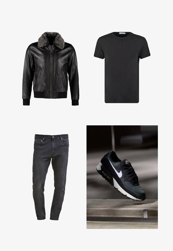 Schott Veste en cuir - black; T-shirt en coton noir avec un col rond et des manches courtes. Le tissu a une texture lisse et sans motifs ni accents. Coupe classique.; Jean en denim noir slim-fit avec design à cinq poches, fermeture éclair et décoloration subtile. Texture lisse avec une finition en dégradé foncé.; Baskets Nike Air Max noires et grises avec un logo blanc, suspendues au-dessus d'une surface en béton sur un fond sombre flou.