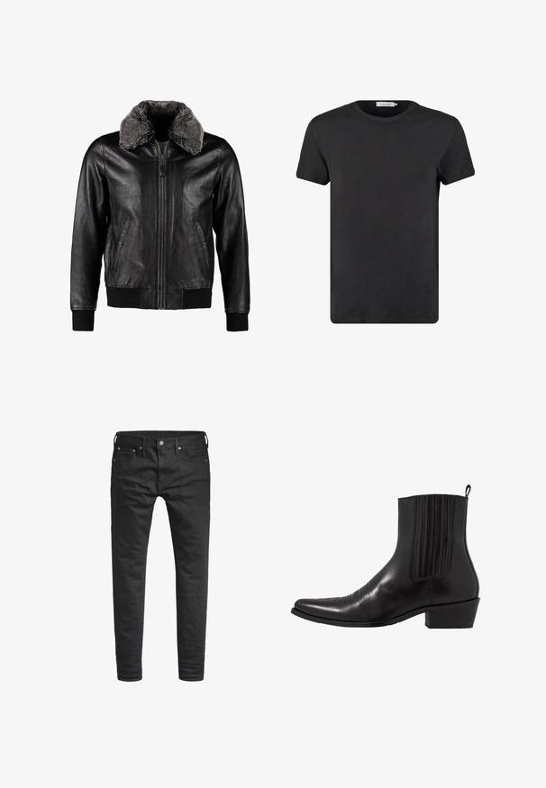 Schott Chaqueta de cuero - black; Camiseta de algodón negra con cuello redondo y mangas cortas. La tela tiene una textura suave y no presenta patrones ni adornos. Corte regular.; Jeans negros ajustados con bolsillos frontales, cinturas y cierre de botón, exhibidos sobre un fondo blanco.; Bota de cuero negro hasta el tobillo con punta afilada, paneles laterales elásticos, acentos de costura vertical y un tacón bajo y cuadrado.