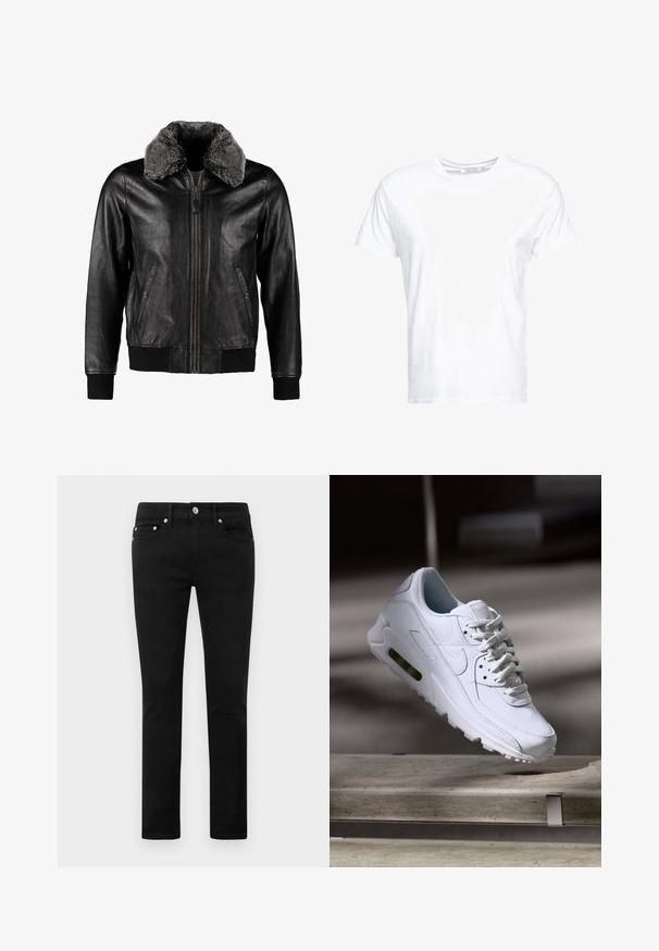 Schott Chaqueta de cuero - black; Camiseta de algodón blanca con cuello redondo y mangas cortas, con un corte clásico y una textura suave. Sin patrones ni elementos metálicos visibles.; Vaqueros negros ajustados con cinco bolsillos, botón de metal y trabillas para cinturón, exhibidos en plano sobre un fondo blanco.; Zapatilla blanca de piel con superficies texturizadas, cuello acolchado y amortiguación de aire visible en la suela. Presenta cordones y un diseño minimalista.