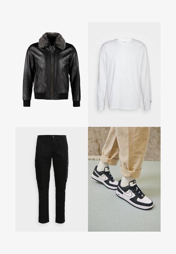 Schott Veste en cuir - black; T-shirt blanc à manches longues en coton. Design à col rond avec des poignets côtelés et un petit logo sur la manche gauche. Texture lisse.; Pantalons cargo noirs à coupe slim, fabriqués en matériau coton. Dotés de plusieurs poches latérales et d'une seule fermeture par bouton à l'avant.; Baskets Nike Air Force 1 en noir et blanc avec un dessus en cuir, orteil perforé et détail de semelle texturée, portées avec un pantalon beige retroussé et des chaussettes blanches.