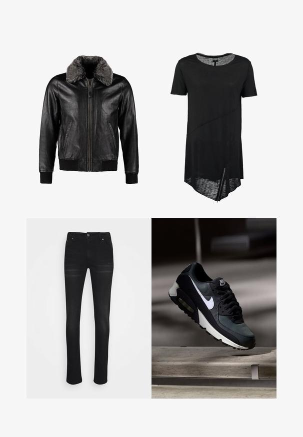 Schott Leren jas - black; Zwart T-shirt met korte mouwen en ronde hals, asymmetrische zoom, doorschijnende textuur en een zijrits detail. Zacht, lichtgewicht stof.; Zwarte denim jeans met een rechte pijp, vijf zakken en een knoopsluiting. Zachte textuur met minimale vervaging.; Zwart-grijze Nike Air Max sneaker met witte swoosh, zwevend boven een betonnen oppervlak tegen een wazige donkere achtergrond.