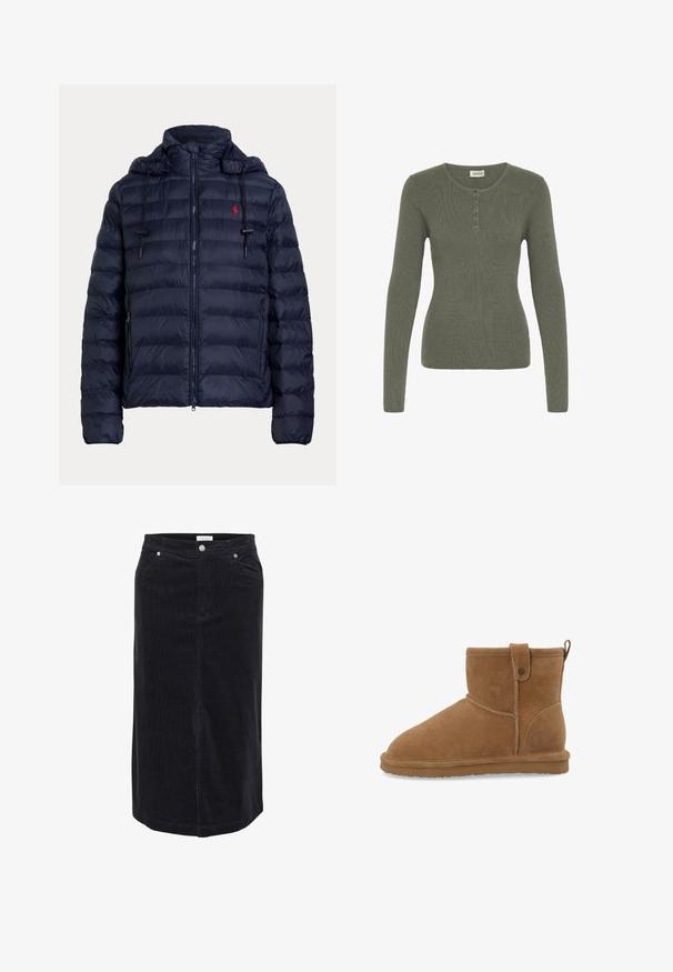 Mørkeblå quiltet dunjakke med hætte, lynlås foran, sidelommer og rødt broderet logo på venstre bryst.; Khaki grøn langærmet ribbet sweater med rund hals og tre-knaps lukning. Har en tætsiddende silhuet og struktureret stof.; Sort kordfløjl midi nederdel med lige snit, frontknaplukning og to sidelommer. Blødt, struktureret stof med lodrette ribber.; Brune ruskind ankle støvler med en rund tå, en sidelukning detalje og en løkke til at trække i bagpå for nem påklædning. Flad gummisål.