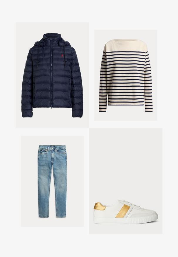 Marineblaue gesteppte Steppjacke mit Kapuze, Frontreißverschluss, Seitentaschen und rotem Sticklogo auf der linken Brust.; Marineblaue und cremefarbene, langärmlige Oberteil mit Bootsausschnitt, aus weichem Baumwollstoff gefertigt. Verfügt über gleichmäßige horizontale Streifen und eine lockere Passform.; Hellblaue Slim-Fit-Jeans mit fünf Taschen und Knopfverschluss, flach auf weißem Hintergrund liegend.; Weiße Sneakers aus synthetischem Material, mit einem metallisch goldenen Streifen und einem Akzent an der Ferse, ausgestattet mit einer strukturierten Gummisohle.