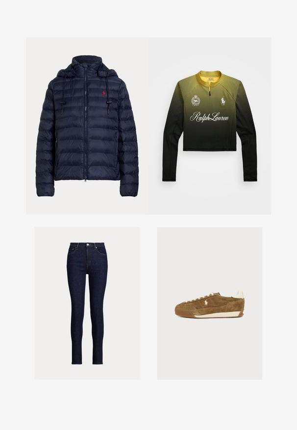 Mørkeblå quiltet dunjakke med hætte, lynlås foran, sidelommer og rødt broderet logo på venstre bryst.; Afklippet langærmet mesh-top med gradient fra gul til sort. Har hvid branding og logoer på brystet og kraven. Lynlås lukning.; Mørke denim skinny jeans med høj talje, der har forlommer, knaplukning og diskrete stikninger.; Brun ruskindssneaker med hvide snørebånd, gummisål og hvidt logo på siden, vist mod en ensartet lys baggrund.