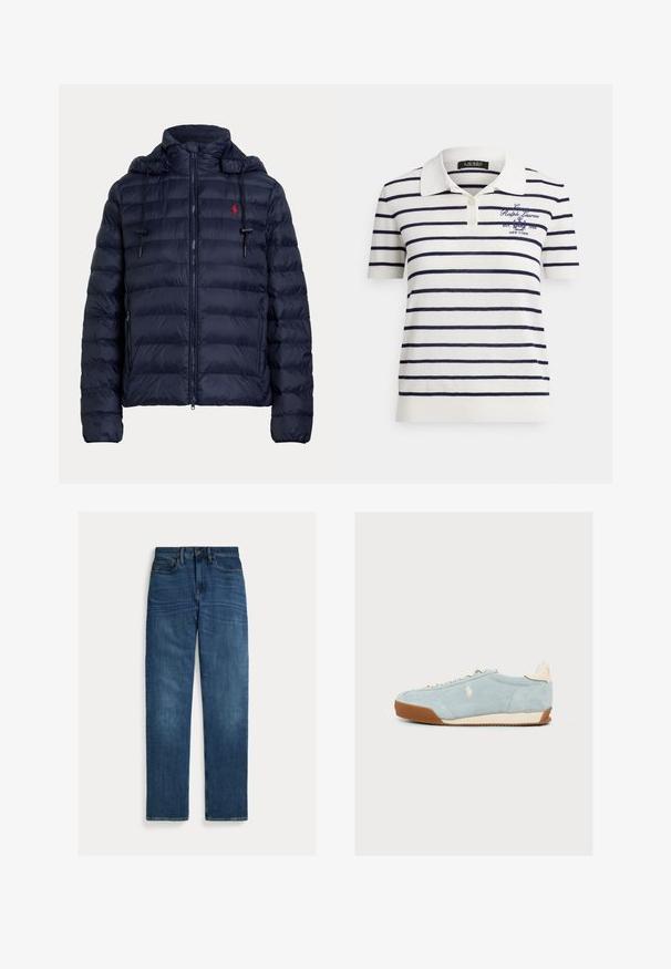 Marineblauwe doorgestikte donsjas met capuchon, rits aan de voorkant, zijzakken en een rood geborduurd logo op de linkerborst.; Wit poloshirt met navyblauwe horizontale strepen, voorzien van een kraag, drie knopen en een geborduurd logo op de borst. Gemaakt van een katoenmengsel.; Blauwe denim jeans met rechte pijpen, vijf zakken, knoopsluiting en subtiele vervaging op dijen en knieën, plat op een witte achtergrond gelegd.; Lichtblauwe suède sneaker met beige veters, bruine rubberen zool en klein wit geborduurd logo aan de zijkant, zijaanzicht.