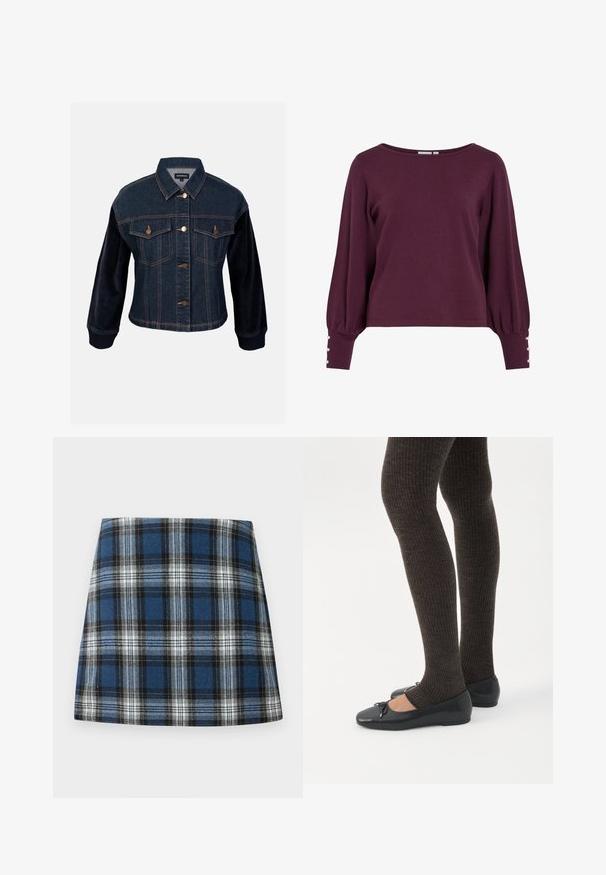 Denimjakke med kordfløjlærmer, mørkeblå, med to brystlommer, guldfarvede knapper og kontrasterende tekstur på ærmerne.; Bourgognefarvet strikket sweater med bred halsudskæring, lange ballonærmer og knapdetaljer ved manchetterne. Blød tekstur og løs pasform.; Blåternet skørt med et varieret ternmønster i blå, sort og hvid. Fremstillet af et struktureret stof med en tætsiddende silhuet.; Ben iført mørke ribbede leggings kombineret med sorte balletsko med små sløjfedetaljer på hvid baggrund.