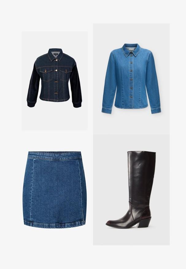 Jeansjacke mit samtigen Ärmeln, dunkelblau, mit zwei Brusttaschen, goldfarbener Knöpfe und kontrastierender Textur an den Ärmeln.; Blaues Denim-Langarmhemd mit Knopfleiste vorne, spitzem Kragen und abgesteppten Nähten.; Blauer Jeans-Minirock mit sichtbaren Nähten, Bund und leichtem Verblassen an den Stoffkanten.; Knöchelhigh, dunkelbraune Lederstiefel mit spitzem Zeh, eckigem Blockabsatz und glatter, glänzender Textur. Verfügt über ein klares Design und Steppnähte.