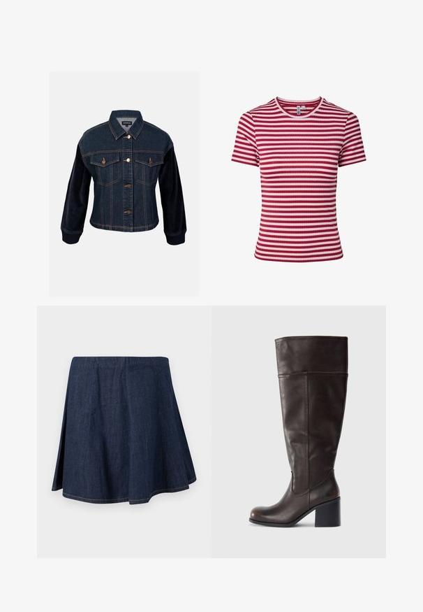 Chaqueta de denim con mangas de pana, azul oscuro, que presenta dos bolsillos en el pecho, botones dorados y un contraste de texturas en las mangas.; Camiseta de punto acanalado de manga corta con rayas horizontales rojas y rosas y cuello redondo.; Falda línea A de mezclilla azul oscuro con aberturas laterales y costuras visibles a lo largo del dobladillo y las costuras, mostrada sobre un fondo claro y liso.; Bota de cuero marrón hasta la rodilla con puntera redonda y tacón apilado. Presenta una textura suave y detalle de costura lateral.