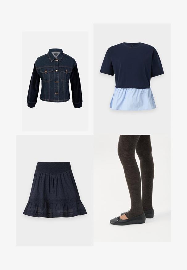 Chaqueta de denim con mangas de pana, azul oscuro, que presenta dos bolsillos en el pecho, botones dorados y un contraste de texturas en las mangas.; Top azul marino de manga corta con cuello redondo y volante adjunto en el dobladillo, a rayas verticales en azul claro y blanco.; Falda azul marino hasta la rodilla con cintura elástica fruncida, patrón de puntos sutil y dobladillo con volantes.; Piernas con leggings oscuros acanalados combinados con bailarinas negras que presentan pequeños detalles de lazo sobre un fondo blanco.
