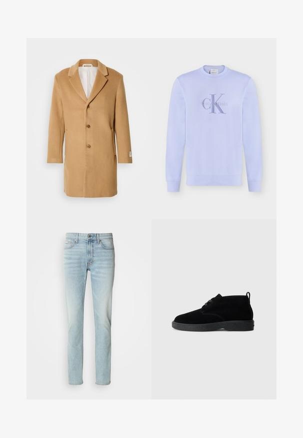 Manteau en laine beige avec un col cranté, un devant à boutonnage simple, trois boutons et des poches latérales. Texture lisse et design de longueur intermédiaire.; Sweat-shirt violet clair à manches longues avec col rond et logo "cK" de Calvin Klein brodé en violet assorti sur la poitrine.; Jeans en denim bleu clair, avec une coupe droite, taille mi-haute et un léger délavage. Comprend cinq poches et un bouton en métal.; Bottines en suédine noire à bout rond, à lacets, avec une semelle en caoutchouc noire et une languette à l'arrière pour un enfilage facile.