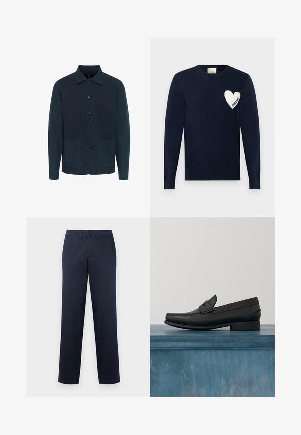 Chaqueta de color azul marino hecha de algodón, con cuello y botones en el frente, y dos bolsillos frontales. Textura suave, diseño minimalista.; Jersey azul marino con cuello redondo y parche de corazón blanco en el lado izquierdo del pecho, con la palabra "FUTURE" dentro del corazón.; Pantalones rectos para hombre en azul marino con trabillas para cinturón, botón delantero y bolsillos laterales, mostrados sobre un fondo claro y sencillo.; Mocasines de cuero negro con punta redonda, costuras detalladas y un tacón cuadrado bajo. Textura suave y diseño minimalista.