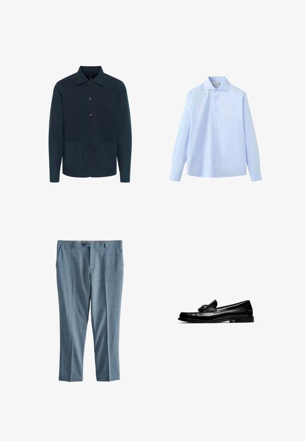 Mørkeblå jakke lavet af bomuld, med kraveudskæring, knapfront og to forlommer. Glat tekstur og minimalistisk design.; Lyseblå langærmet skjorte med knapper og klassisk krave, vist fladt på hvid baggrund.; Lyseblå skræddersyede bukser med forreste folder, sidelommer, bæltestropper og en enkelt knaplukning ved linningen.; Sort læderloafer med kvaster, lav hæl og syninger, vist fra siden på en hvid baggrund.