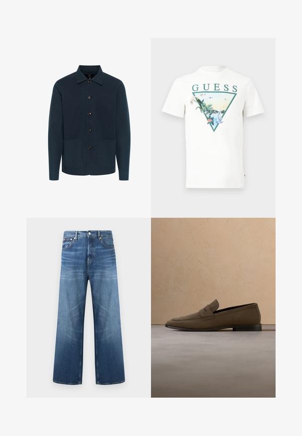Mørkeblå jakke lavet af bomuld, med kraveudskæring, knapfront og to forlommer. Glat tekstur og minimalistisk design.; Hvid T-shirt med korte ærmer, med en grøn trekantlogo, tropiske planter, sejlbåde og fly, med ordet "GUESS" over designet.; Blå vidbenede denimjeans med knap- og lynlåslukning foran, fem lommer og diskrete falmede detaljer på lårene.; Brun ruskindsløs sko vinklet over beige tæppe med matchende beige sofa i blød fokus i baggrunden.