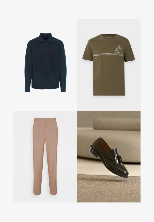 Mørkeblå jakke lavet af bomuld, med kraveudskæring, knapfront og to forlommer. Glat tekstur og minimalistisk design.; Olivengrøn kortærmet T-shirt med hvidt tyndt palme- og ø-grafik over brystet, rund halsudskæring.; Beige skræddersyede bukser i en glat, struktureret stof. Straight fit med en linning og uden synlige pyntedetaljer eller lommer.; Sort læder tasselloafer flydende over beige tæppe med en beige sofa i baggrunden.