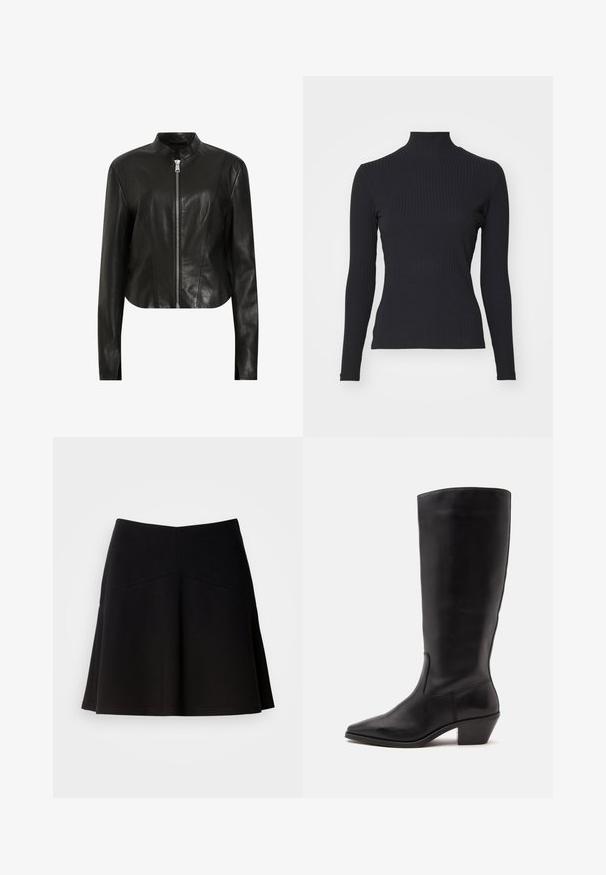 AllSaints SADLER - Chaqueta de cuero - black; Top negro de cuello alto con costillas y mangas largas. Fabricado con una tela elástica con forma ajustada y cuello alto. Diseño simple sin adornos.; Falda negra acampanada hecha de una tela suave, con una cinturilla ajustada y detalles en las costuras. Textura suave con un diseño simple y clásico.; Bota de cuero negra hasta la mitad de la pantorrilla con puntera puntiaguda y tacón bajo inclinado sobre un fondo claro y liso.