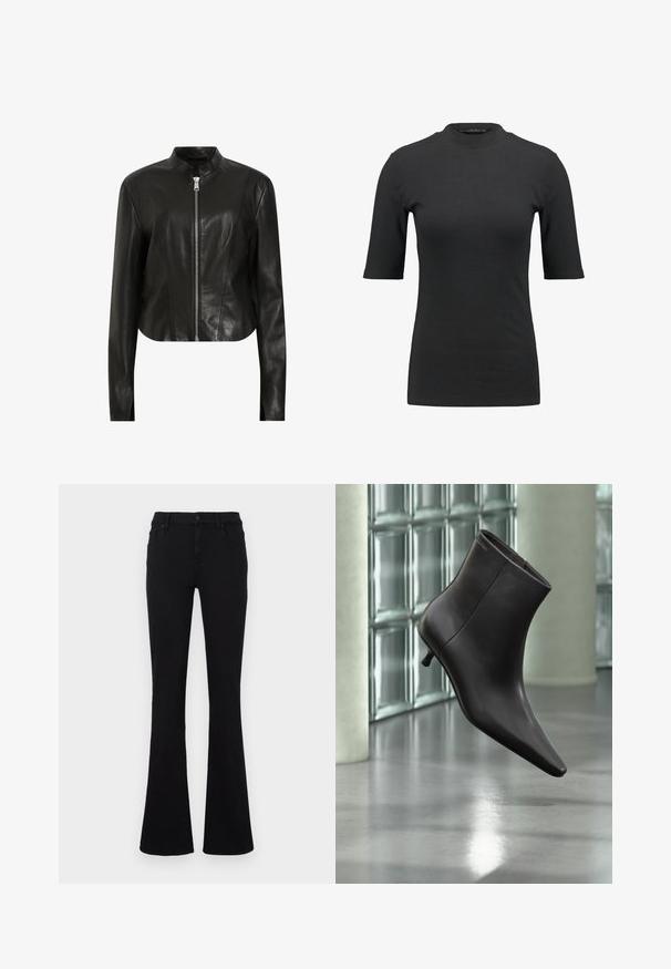 AllSaints SADLER - Veste en cuir - black; T-shirt noir à côtes avec un col montant et des manches courtes. Design lisse et ajusté sans motifs ni détails matériels visibles.; Jean noir évasé en tissu mélange de coton. Il possède une fermeture à boutons, des passants pour ceinture et des poches avant. Texture lisse avec une légère élasticité.; Bottine en cuir noir avec bout pointu et petit talon, présentée devant un mur en blocs de verre et un sol poli.
