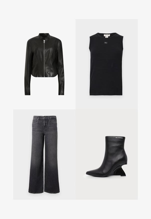 AllSaints SADLER - Chaqueta de cuero - black; Camiseta de tirantes negra con costillas, escote redondo y pequeño parche con el logo de Calvin Klein centrado debajo del cuello.; Jeans de mezclilla oscuros de pierna ancha con un ligero desgaste, presentan un cierre de botón, cinco bolsillos y un dobladillo recto en el tobillo.; Botín negro de cuero con tacón curvado y esculpido y logo de Karl Lagerfeld cerca del borde superior sobre un fondo blanco.