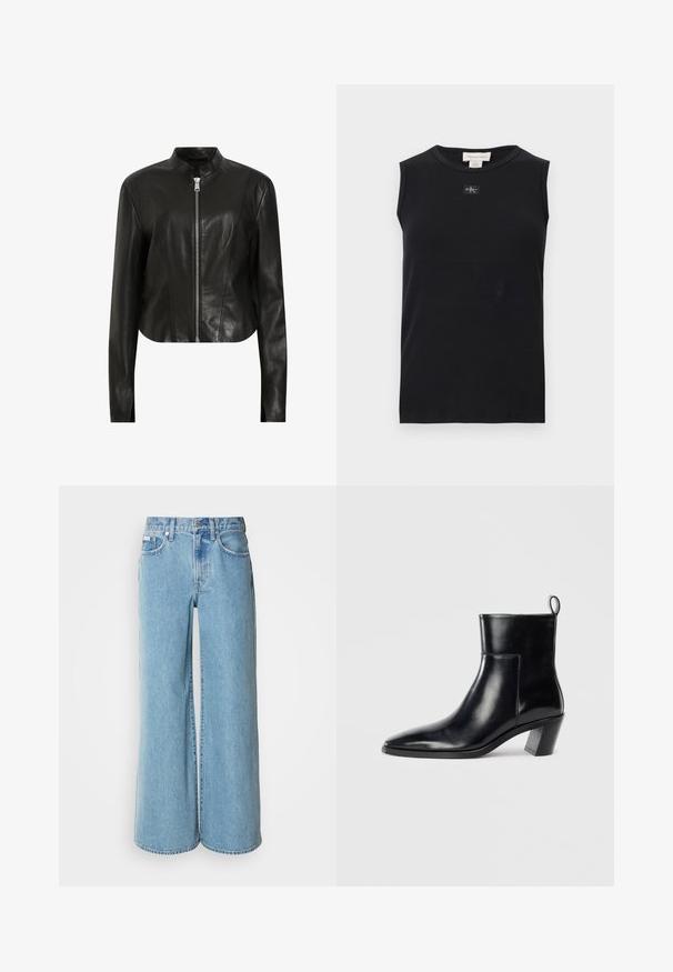AllSaints SADLER - Veste en cuir - black; Débardeur côtelé noir sans manches avec encolure ronde et petite écusson du logo Calvin Klein centré sous le col.; Jean large bleu clair en denim, avec une taille haute, un design à cinq poches et un léger dégradé sur le tissu.; Bottine en cuir noir avec un bout pointu, un talon empilé géométrique et une languette à l'arrière. Texture lisse et design épuré.