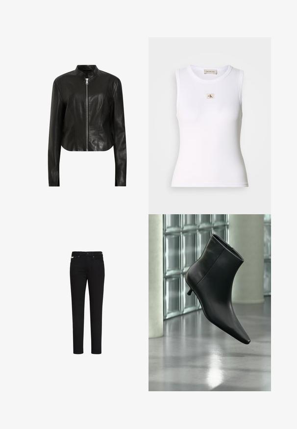 AllSaints SADLER - Leren jas - black; Wit geribd mouwloos tanktop met Calvin Klein Jeans-label op de borst en binnenhalslabel.; Zwarte slim-fit jeans met knoop en rits aan de voorkant, met voor- en achterzakken en een klein label op de rechtervoorzak.; Zwarte leren enkellaars met spits toelopende neus en lage kittenhak, schuin weergegeven tegen een gepolijste vloer en een glazen blokken muur als achtergrond.