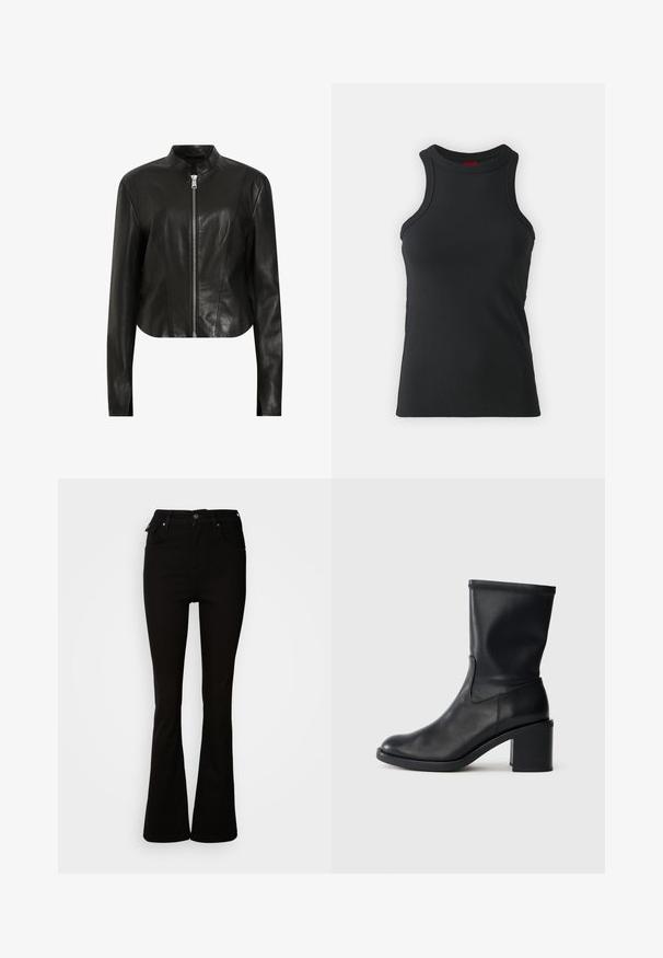 AllSaints SADLER - Veste en cuir - black; Débardeur sans manches noir en tissu extensible. Présente un col rond et une silhouette ajustée avec des détails de couture minimaux.; Jean noir évasé en denim, avec une taille haute, des poches avant, et un design classique à cinq poches avec des accents en métal.; Botte en cuir noir à cheville avec un bout rond, texture lisse et un talon épais, présentant un tige ajustée et un subtil détail de couture.