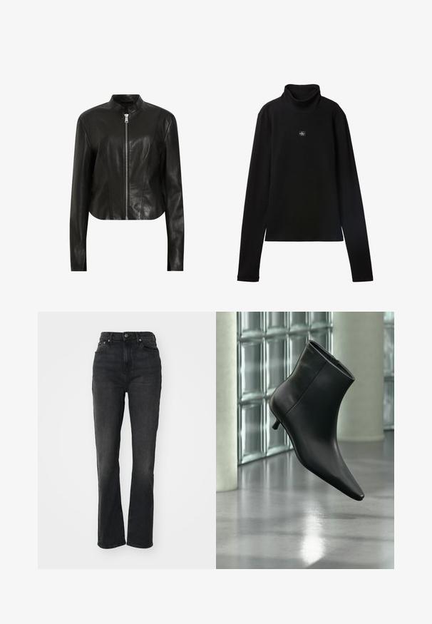AllSaints SADLER - Veste en cuir - black; Haut noir à col roulé côtelé à manches longues avec petit patch carré du logo Calvin Klein centré sur la poitrine.; Jeans en denim noir taille haute avec jambes droites, design à cinq poches, fermeture à bouton à l'avant et détails de couture minimaux.; Bottine en cuir noir à bout pointu et petit talon kitten, présentée en angle devant un sol poli et un mur en blocs de verre.