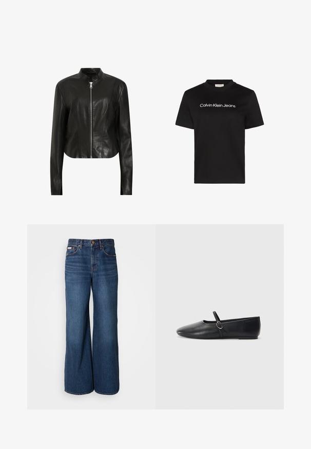 AllSaints SADLER - Chaqueta de cuero - black; Camiseta de algodón negra con cuello redondo y mangas cortas, con el texto "Calvin Klein Jeans" en blanco en el pecho.; Vaqueros de pierna ancha hechos de denim azul oscuro. Incluyen una cintura alta, cinco bolsillos y costuras en contraste de color naranja a lo largo de las costuras.; Bailarinas de cuero negro con punta afilada, suela plana y una pequeña correa con detalle de hebilla plateada.