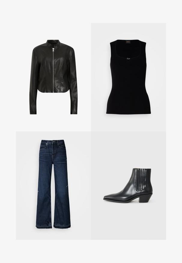AllSaints SADLER - Læderjakker - black; Sort ribbet tanktop med firkantet udskæring, der har en lille logoaccent i midten. Lavet af et blødt, tekstureret materiale.; Højtaljede, vide jeans lavet af mørkt denim. Modellen har frynsete kanter og et femlomme-design med synlige sømme.; Sorte læder ankelstøvle med spids tå, elastiske sidepaneler med lodrette riller og en lav blokhæl. Glat tekstur og slankt design.