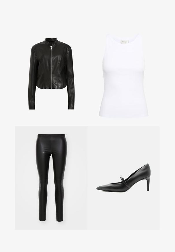 AllSaints SADLER - Δερμάτινο μπουφάν - black; Λευκό ριμπ αγαπημένο μπλουζάκι με στρογγυλή λαιμόκοψη και χωρίς μανίκια. Ελαστικό ύφασμα και εφαρμοστή σχεδίαση. Οι ετικέτες στο πίσω μέρος αναγράφουν "GESTUZ."; Μαύρες κολάν από απαλό, ελαστικό υλικό με ψηλή μέση. Στενή εφαρμογή, αδιάρρηκτη κατασκευή και χωρίς ορατές τσέπες.; Μαύρη δερμάτινη γόβα με μυτερή μύτη, λεπτό λουράκι και αγκράφα πάνω από τον κουντεπιέ, που στέκεται σε ουδέτερο ανοιχτό φόντο.