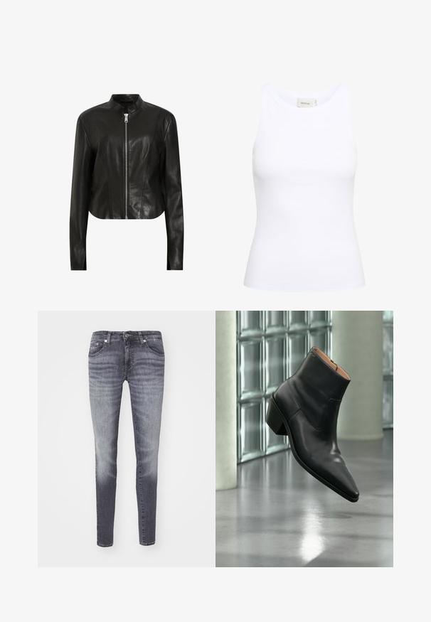 AllSaints SADLER - Læderjakker - black; Hvid ribbet tanktop med rund halsudskæring og uden ærmer. Strækbart stof og tætsiddende design. Etiketten bagpå viser "GESTUZ."; Slim-fit jeans i mørkegrå denim med en falmet vask. Features klassisk fem-lommes design og metalknaplukning i taljen.; Sort læderankelstøvle med spids tå og blokhæl, der svæver over en reflekterende grå gulv nær en væg af glasblokke.