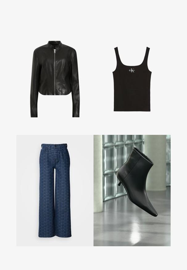 AllSaints SADLER - Chaqueta de cuero - black; Camiseta de tirantes negra de algodón con escote redondeado y tirantes anchos. Presenta un pequeño logo impreso de "Calvin Klein" en la parte delantera.; Pantalones de mezclilla de pierna ancha con un patrón repetido de logotipos de DKNY en azul marino y azul claro, con bolsillos frontales y cierre de botón.; Botín negro de cuero con punta puntiaguda y tacón bajo estilo kitten, mostrado en ángulo sobre un suelo pulido y con una pared de bloques de vidrio de fondo.