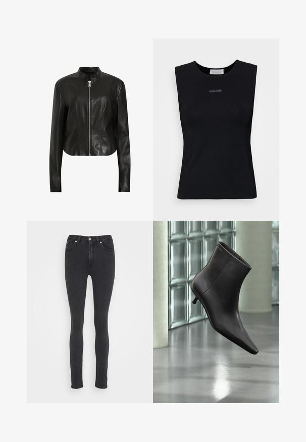 AllSaints SADLER - Leren jas - black; Zwart mouwloos topje gemaakt van gladde stof. Heeft een ronde halslijn en een klein Calvin Klein-logo in het midden. Eenvoudig en aansluitend ontwerp.; Zwarte slim-fit denim jeans met een voorknoop, ritssluiting, riemlussen en vijfzakkenstyling.; Zwarte leren enkellaars met puntige neus en lage hak, afgebeeld tegen een glazen blokkenmuur en gepolijste vloer op de achtergrond.