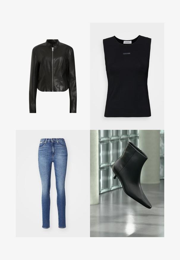 AllSaints SADLER - Læderjakker - black; Sort ærmeløs top lavet af glat stof. Har en rund halsudskæring og et lille Calvin Klein-logo i midten. Simpelt og tætsiddende design.; Smal jeans i mediumblå denim, med høj talje, fem lommer og let falmet effekt. Syning i kanten med standard knap- og lynlåslukning.; Sort læderankelstøvle med spids tå og lav kitten-hæ, vist vinklet mod en poleret gulv- og glasblokvæg.