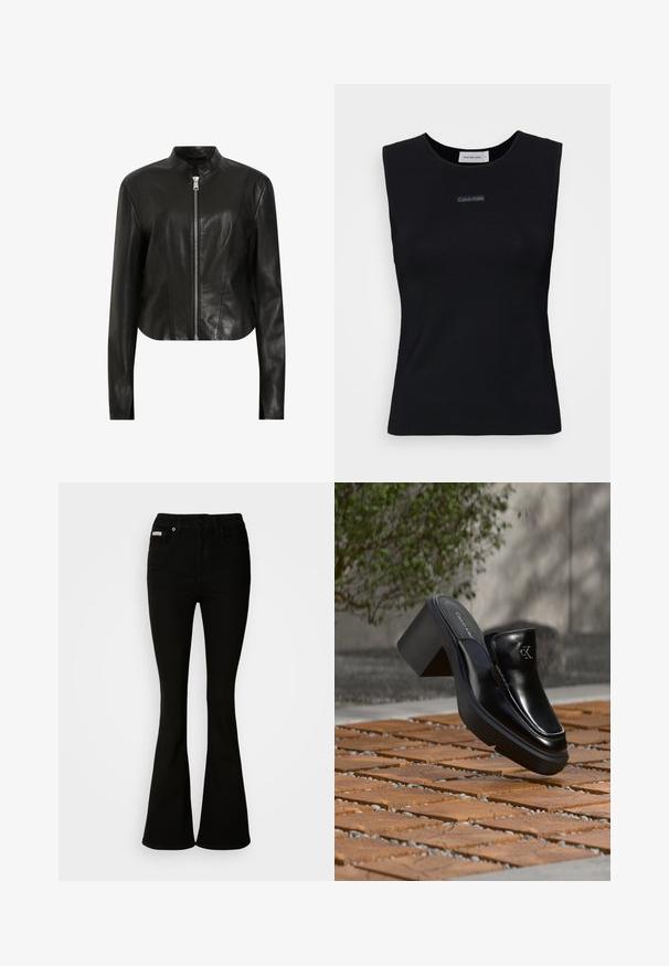 AllSaints SADLER - Leren jas - black; Zwart mouwloos topje gemaakt van gladde stof. Heeft een ronde halslijn en een klein Calvin Klein-logo in het midden. Eenvoudig en aansluitend ontwerp.; Zwarte uitlopende jeans met een strakke taille, gemaakt van zachte denim. Bevat twee voorkruiden en een klassieke knoop- en ritssluiting.; Zwarte leren Calvin Klein slip-on mule met blokhak rustend op houten tegels buiten, vlak bij een groene plant en een grijze muur.