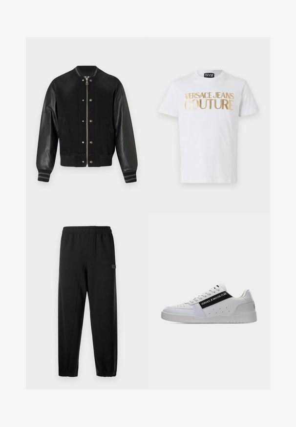 Schwarze Bomberjacke mit Denim-Körper, ledernen Ärmeln, gestreiften Rippenbündchen und Druckknopf-Details. Vorderer Reißverschluss und seitliche Taschen.; Weißes Baumwoll-T-Shirt mit fettem goldenen "VERSACE JEANS COUTURE" Schriftzug auf der Vorderseite. Rundhalsausschnitt und kurze Ärmel.; Schwarze Jogginghose mit elastischem Bund, schmal zulaufenden Beinen und einem kleinen Markenpatch. Hergestellt aus glattem, leichtem Stoff.; Weißer Sneaker mit niedrigem Schaft, schwarzer Seitenfläche mit der Aufschrift "Versace Jeans Couture", Schnürverschluss vorne und perforierten Details an Zehen- und Seitenbereich.