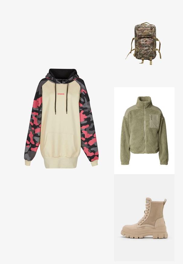 Veste sherpa vert olive à fermeture éclair intégrale, col montant, panneaux d'épaule en nylon et poche poitrine zippée sur le côté gauche.; Sweat à capuche beige avec des cordons noirs, présentant des manches à motif camouflage gris et rose, et une poche kangourou à l'avant.; Bottine beige à lacets avec semelle épaisse à rainures et panneau latéral texturé, montrant l’étiquette de la marque et la languette à l’arrière.; Sac à dos camouflage en tissu résistant, doté de plusieurs poches, de bretelles réglables et d'un dos rembourré pour plus de confort.