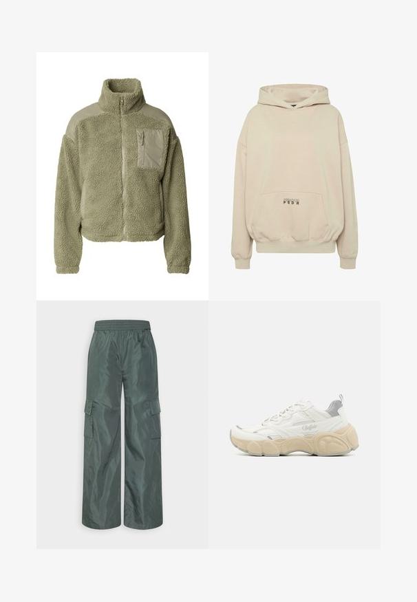 Veste sherpa vert olive à fermeture éclair intégrale, col montant, panneaux d'épaule en nylon et poche poitrine zippée sur le côté gauche.; Sweat à capuche beige avec une poche avant, des poignets côtelés et une capuche à cordon. Texte "PECADOR PGDR" imprimé sur la zone de la poche.; Even&Odd by Zalando Pantalon cargo - dark green; Basket blanche avec tige en mesh et en cuir lisse, dotée d'un col rembourré, d'une semelle en caoutchouc texturée et de subtils accents métalliques.