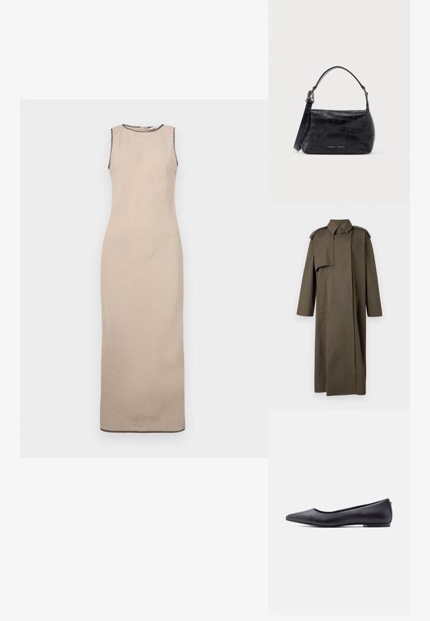 Abrigo largo tipo gabardina de color verde olivo hecho de algodón, con cuello alto, hombreras, dos bolsillos delanteros y cierre de botones.; Vestido maxi sin mangas beige con una textura suave, que presenta un cuello redondo y un sutil ribete negro a lo largo de los bordes.; Zapato plano de cuero negro con punta puntiaguda y tacón bajo, mostrado de perfil contra un fondo blanco.; Bolso de hombro de cuero negro con relieve de cocodrilo, asa superior e impresión del logo en el frente.