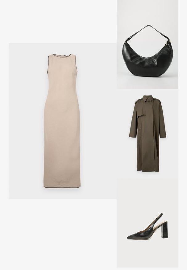 Abrigo largo tipo gabardina de color verde olivo hecho de algodón, con cuello alto, hombreras, dos bolsillos delanteros y cierre de botones.; Vestido maxi sin mangas beige con una textura suave, que presenta un cuello redondo y un sutil ribete negro a lo largo de los bordes.; Zapato slingback de piel negra con puntera puntiaguda, tacón alto y ancho, y forro interior beige sobre un fondo claro y liso.; Bolso de hombro de cuero negro con una forma curva, textura suave y una sola correa; cuenta con un zipper dorado y un branding sutil.